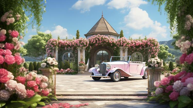 A vintage pink convertible is parked in front of a gazebo adorned with blooming pink and white roses. The scene is surrounded by lush greenery and mountains under a bright blue sky.