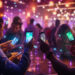 A group of people in a lively, atmospheric bar, holding up smartphones capturing colorful lights and decorations. The scene buzzes with vibrant energy as the sound system pulses through the room during a thrilling game of Music Bingo. Glasses are visible on the table amidst the warm, social ambiance.