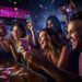 A group of people at a lively party is laughing and holding smartphones as they enjoy a round of Music Bingo. Colorful confetti fills the air, and the atmosphere is joyous and festive. The vibrant sound system pumps tunes while bright lights and a bar counter with scattered coasters add to the scene.