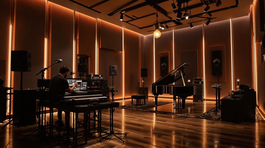 A person works at a mixing console in a modern recording studio with warm lighting, wood floors, a grand piano, speakers, and audio equipment—crafting the venue’s signature sound throughout the room.