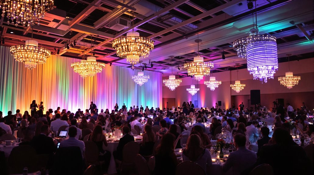 A large crowd sits at round tables under ornate chandeliers in a ballroom, where adaptive lighting and colorful, rainbow-lit drapes on one wall create a festive and elegant atmosphere.