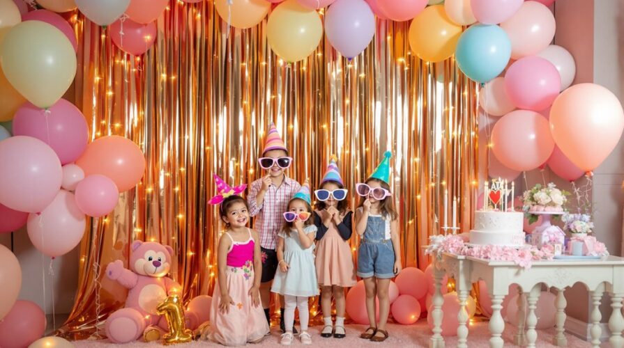 Five children in party hats and oversized sunglasses pose in front of a gold tinsel and balloon backdrop at birthday celebrations. A cake, gifts, and a teddy bear decorate a nearby table, adding to the colorful, festive photo booth atmosphere.