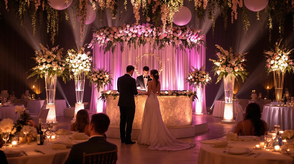 A bride and groom stand before an officiant at a beautifully decorated indoor wedding altar, surrounded by flowers, candles, and soft pink lighting, as a romantic wedding playlist sets the perfect mood for guests at elegantly set tables.