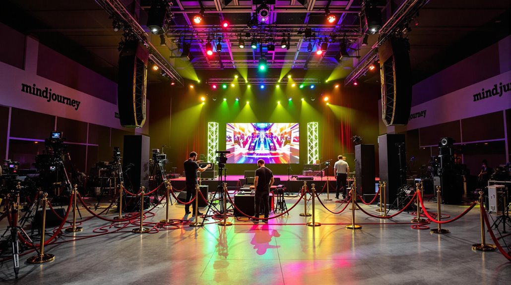 A vibrant event setup features colorful lights and a large screen displaying graphics. Behind rental equipment, staff work diligently, surrounded by red rope barriers. The venue walls display the words “mind journey.”.