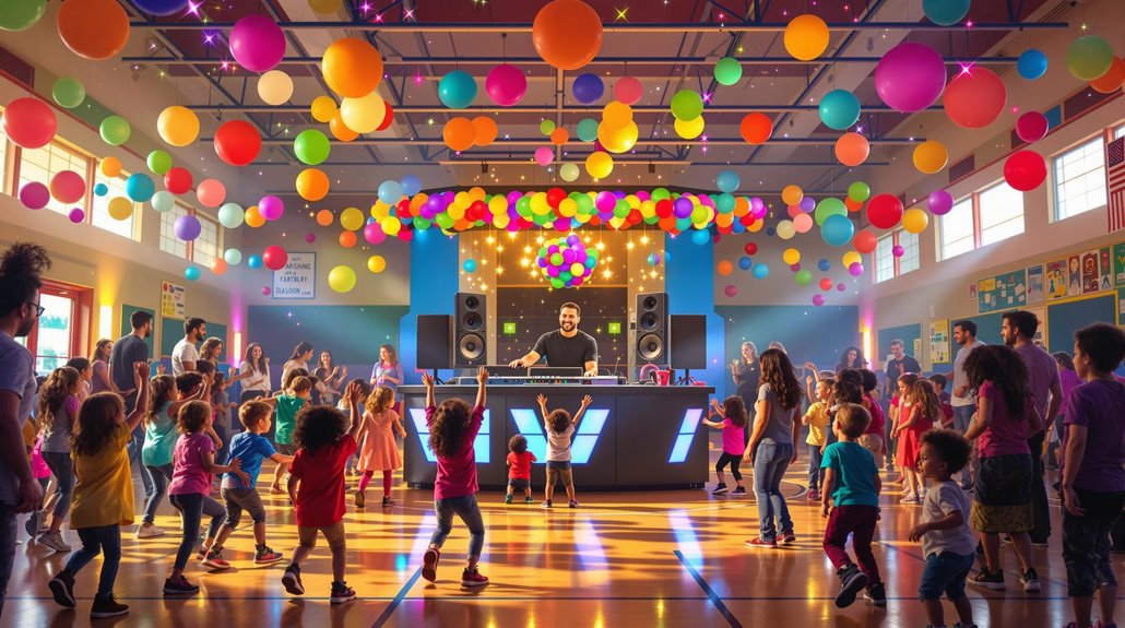 A colorful indoor party with children dancing on a gym floor, vibrant balloons overhead, and DJ services keeping the music lively. Adults and kids enjoy the festive, safe atmosphere perfect for elementary school events.
