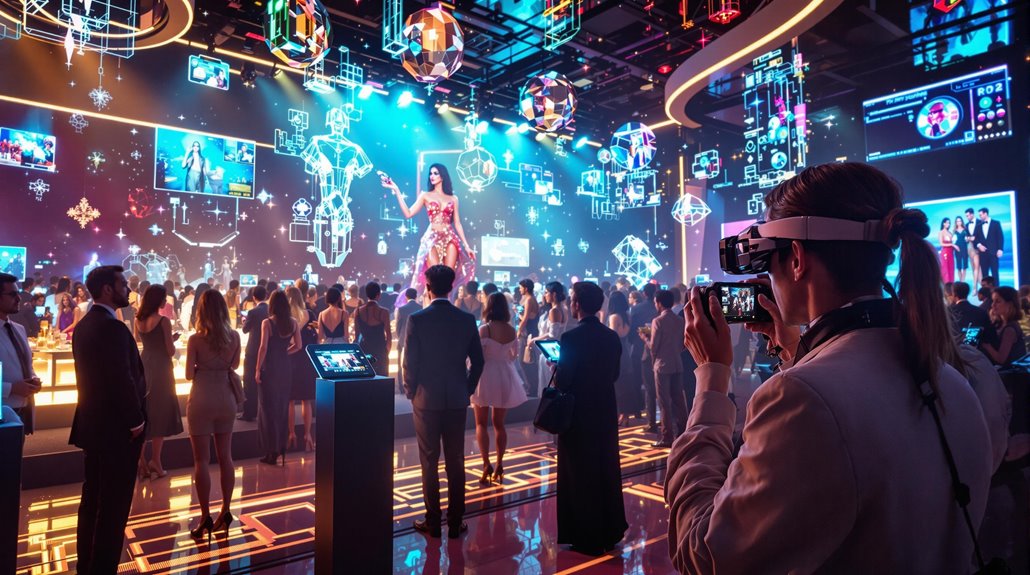 A crowd watches a performer on a futuristic stage with holographic displays and neon lights. Capturing the scene with event photography, people use tablets and VR headsets, showcasing digital trends 2026 in an immersive environment.