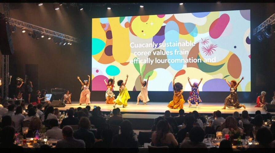 A group of dancers in colorful outfits perform on stage before an audience at a corporate event entertainment, their dynamic show and vibrant screen display designed to align with company values in a festive, well-lit atmosphere.
