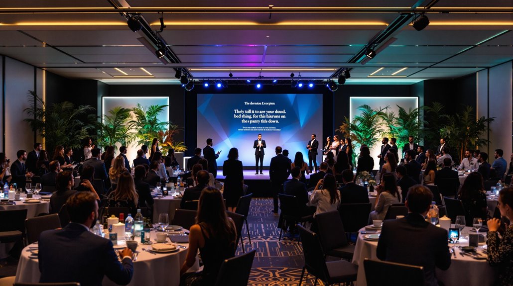 A formal corporate event with guests seated at round tables, watching a speaker on stage with a large screen displaying text in a modern, well-lit banquet hall, emphasizing event alignment with company values.