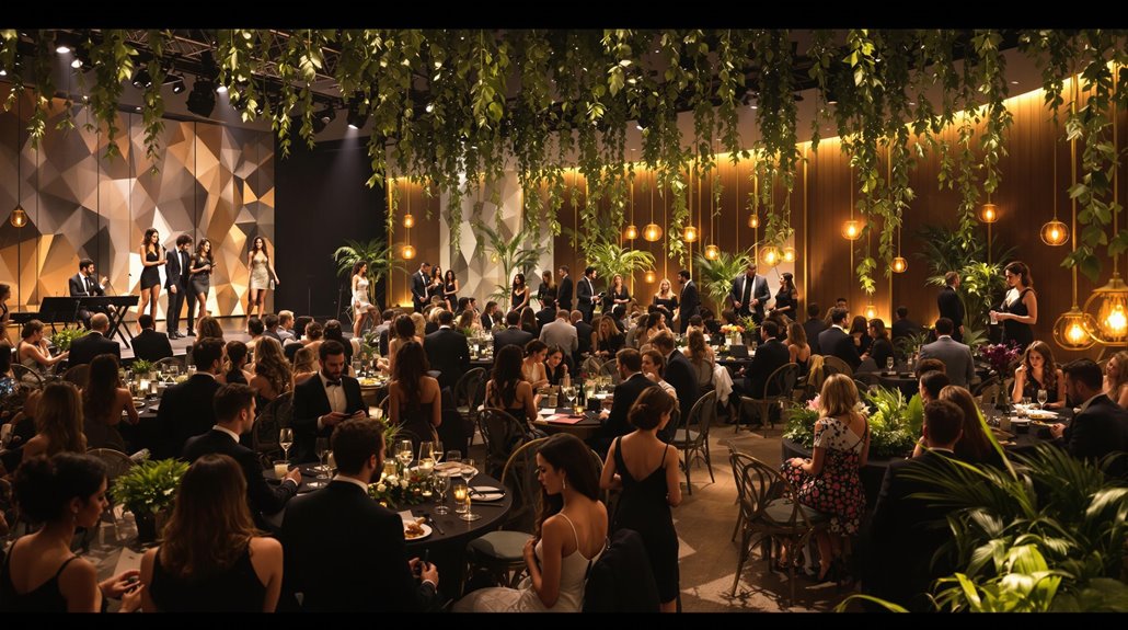 A large elegant banquet hall with hanging greenery and warm lighting, filled with people in formal attire seated at round tables. Some guests are on stage, and live musicians provide corporate event entertainment. The atmosphere is festive and sophisticated.
