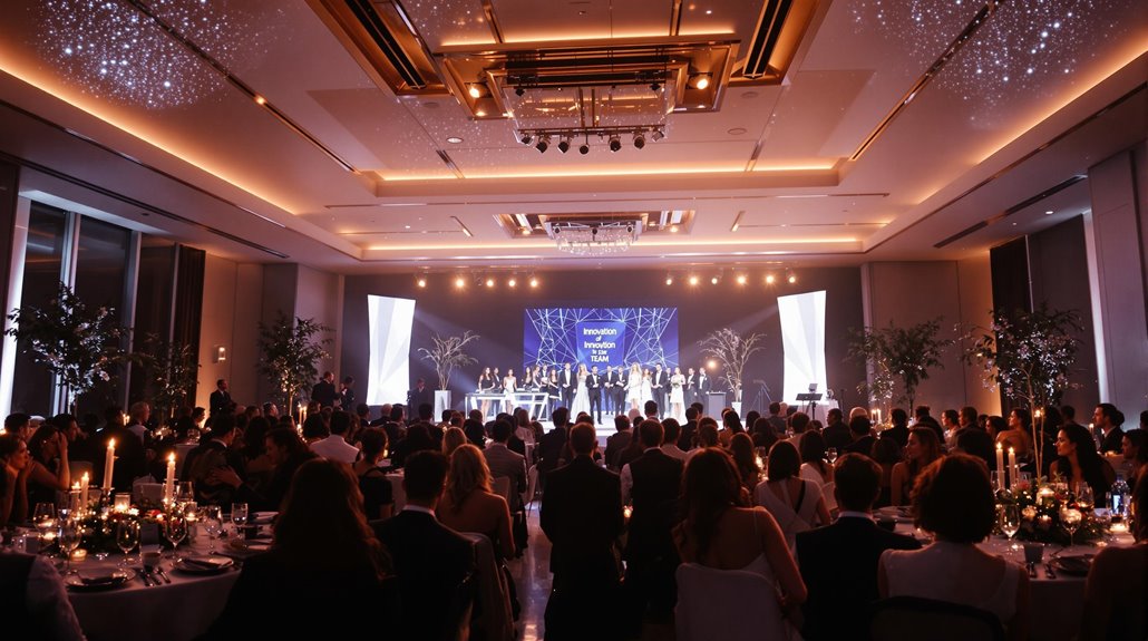 A large, elegant banquet hall is filled with seated guests watching a corporate event entertainment award ceremony on stage, where people stand under bright lights and a decorative blue backdrop. Tables are decorated with candles and flowers.