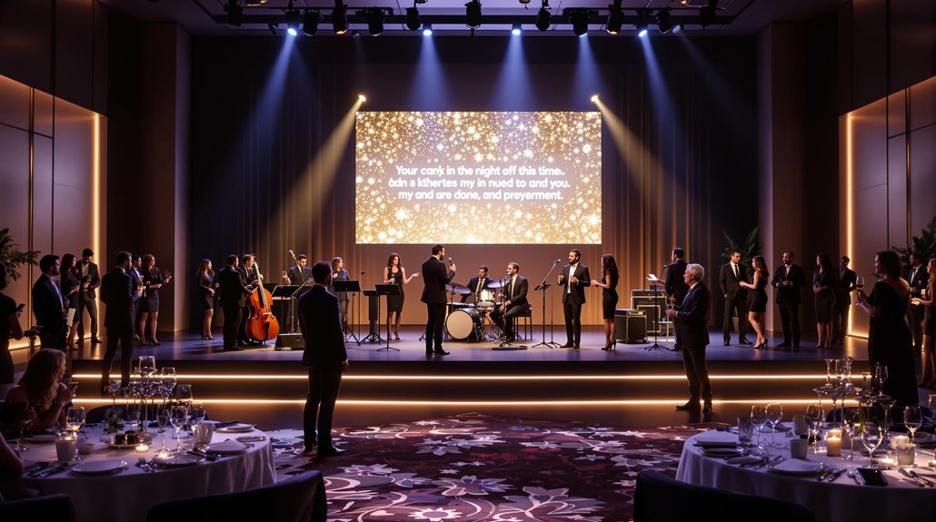 A band performs on a stage with singers and musicians, entertaining guests in formal attire at a corporate event. A large screen displays song lyrics on a glittery background, enhancing event alignment in an elegant venue with round tables and stage lighting.