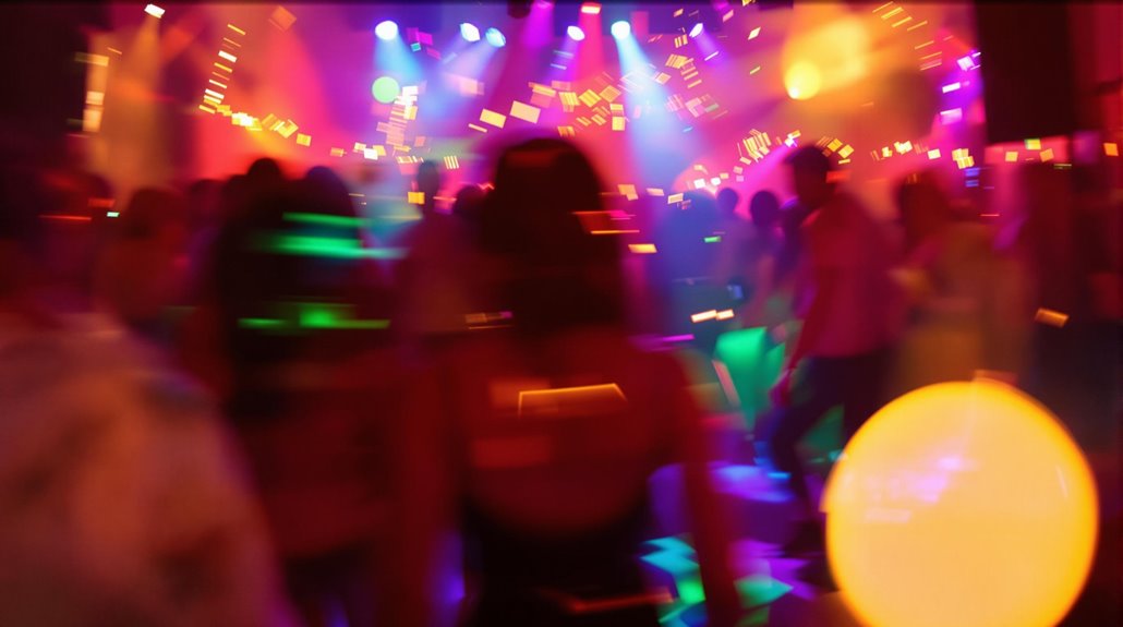 A crowded nightclub dance floor with vibrant lighting and colorful, blurred lights casting over silhouettes of people dancing, creating an energetic party experience in a lively atmosphere.