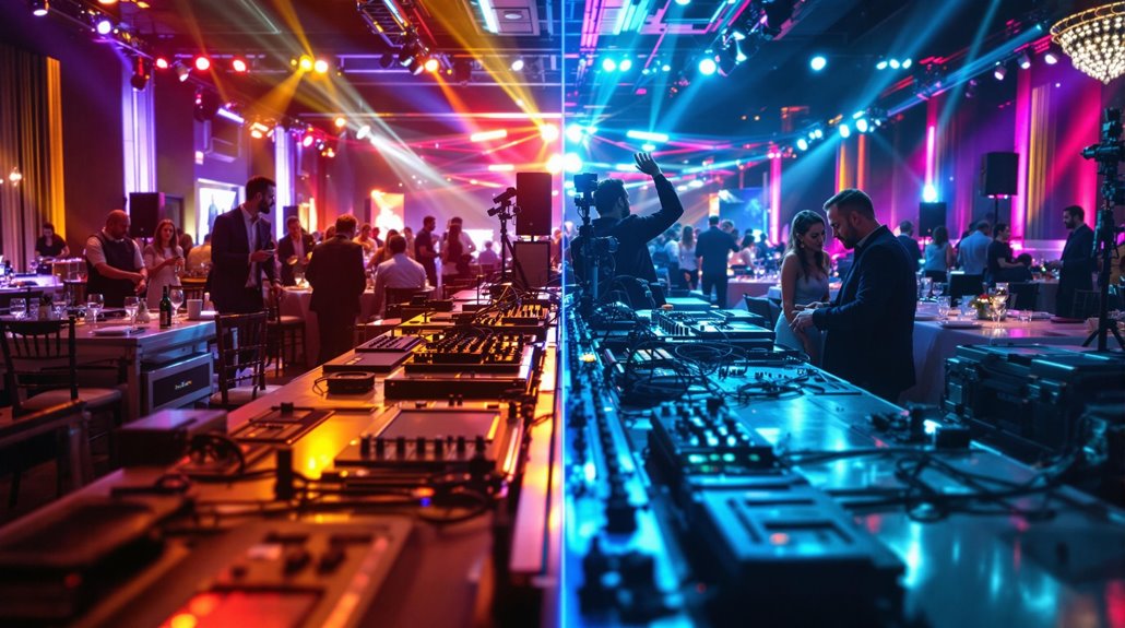 A lively party with people mingling and dancing in a large, stylish venue. Colorful stage lights and DJ equipment—ideal for event equipment rental—fill the foreground, creating a dynamic, energetic atmosphere.