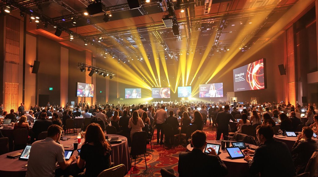 A large audience sits at round tables in a conference hall, facing a brightly lit stage with integrated AV solutions and multiple screens displaying presentations. Yellow stage lights beam across the room, creating a dynamic atmosphere.