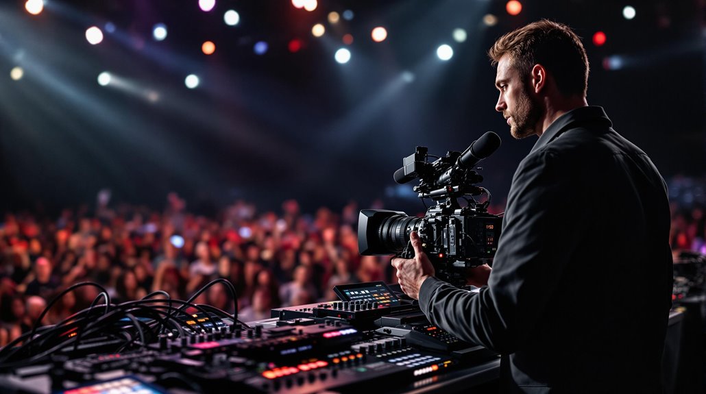 A videographer operates a professional video camera and audio equipment onstage, filming and live streaming a bustling event. Bright stage lights shine overhead, with a large, blurry audience visible in the background.