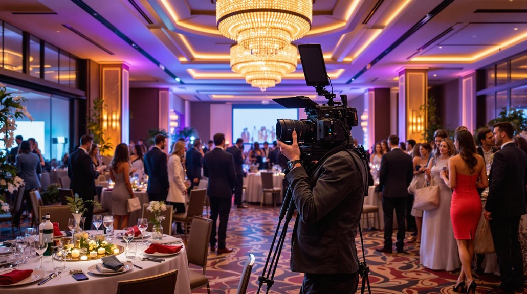 A camera operator captures a formal event in a grand ballroom with chandeliers, guests in evening attire, and colorful lighting—highlighting the elegance perfect for corporate event marketing.