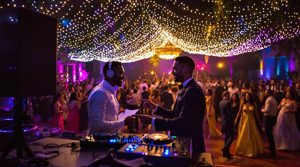 Two DJs in white tuxedos laugh and talk by the DJ booth at a lively party, expertly handling guest song requests. Guests in formal attire dance beneath string lights and colorful uplighting, creating a festive and elegant atmosphere.
