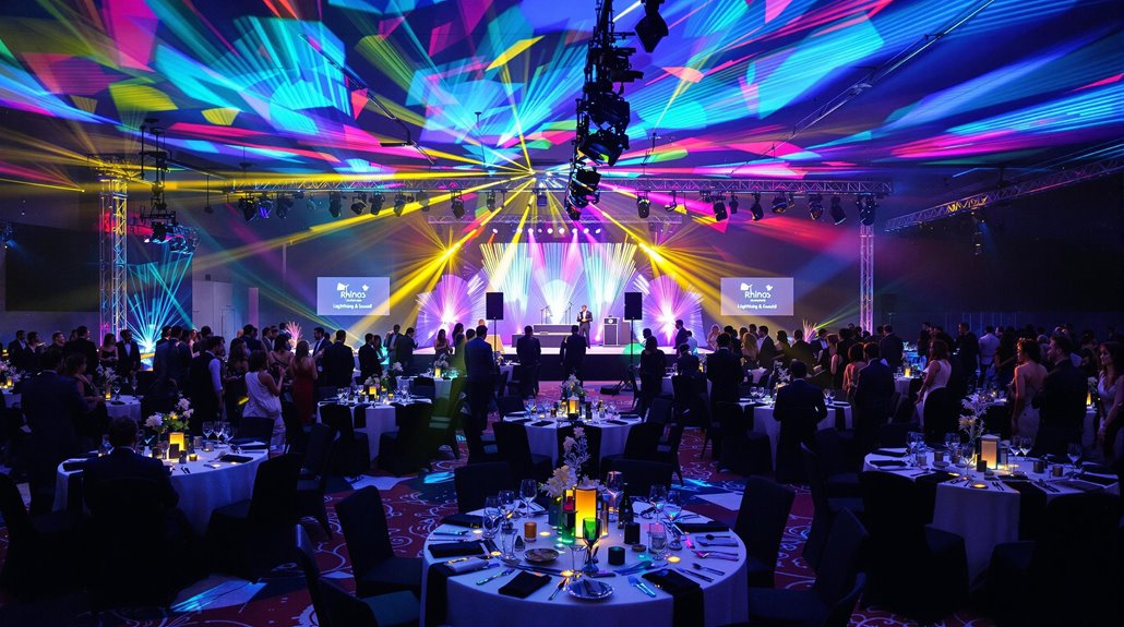 A large banquet hall filled with round tables and guests, illuminated by vibrant stage lighting and dynamic sound, creates a festive and energetic atmosphere perfect for corporate events.