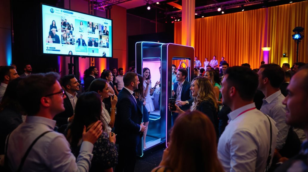 At this lively corporate event, a large group gathers around a futuristic, glowing photo booth. A screen displays a video call with multiple participants, while colorful lights and curtains add to the vibrant atmosphere.