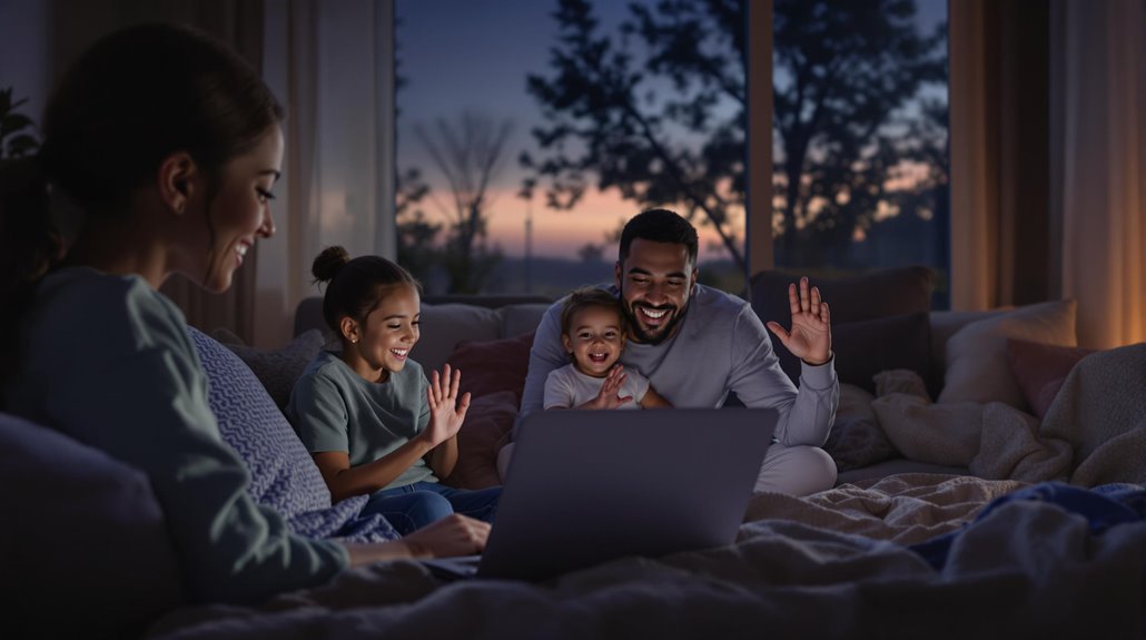 A family of four sits on a cozy couch at night, smiling and waving at a laptop screen as they connect with family. Warm indoor lighting contrasts with the dark, twilight scene visible through large windows behind them.