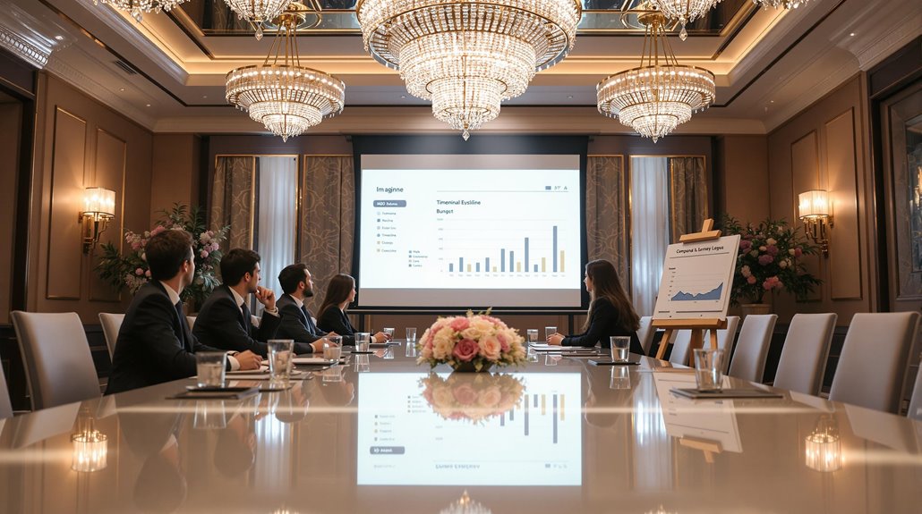 Five people in business attire sit around a conference table, watching a projected graph—an ideal setting to plan a corporate gala and impress stakeholders. The elegant room features chandeliers, flower arrangements, and a chart on an easel.