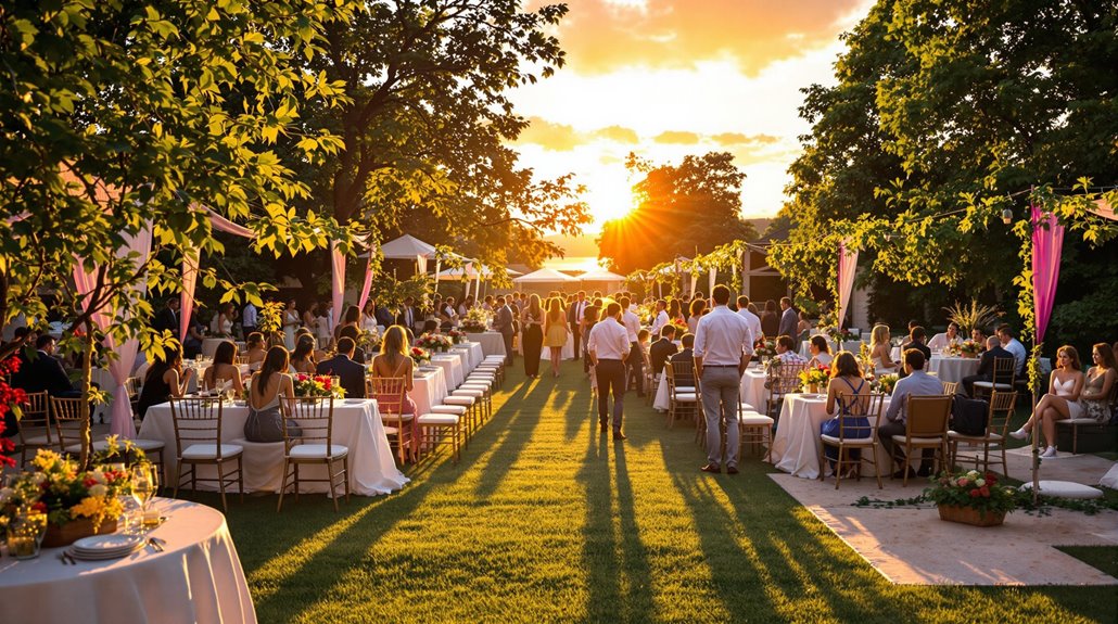 Guests are seated at decorated tables outdoors during a sunset wedding reception, with sunlight streaming through trees and people walking down the grassy aisle—creating a magical scene made possible by renting event equipment for cost-effective solutions.