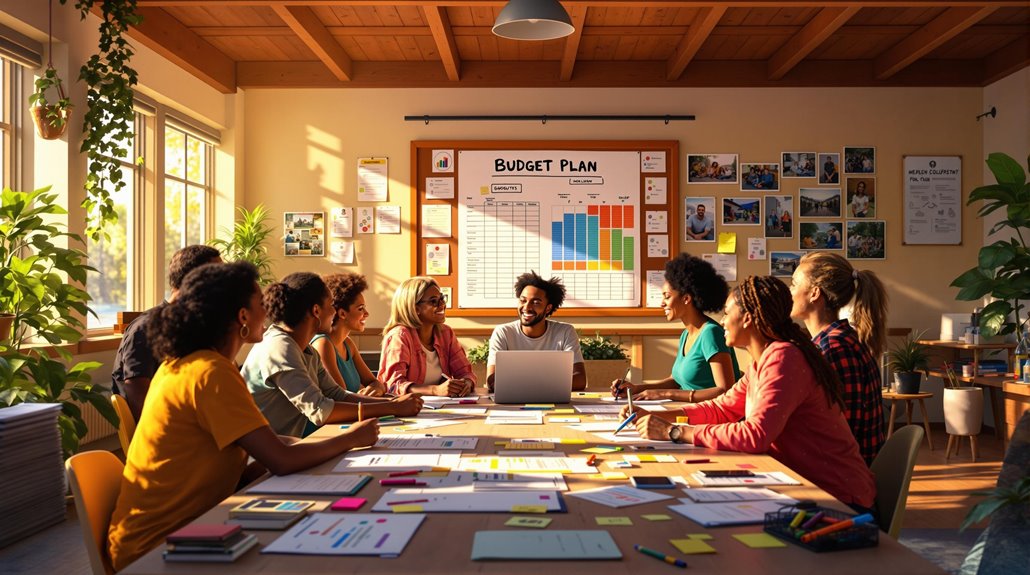 A diverse group of people sit around a table covered with papers and laptops, discussing event planning in a bright office. Behind them, a large “Budget Plan” chart and photos are pinned to a bulletin board on the wall.