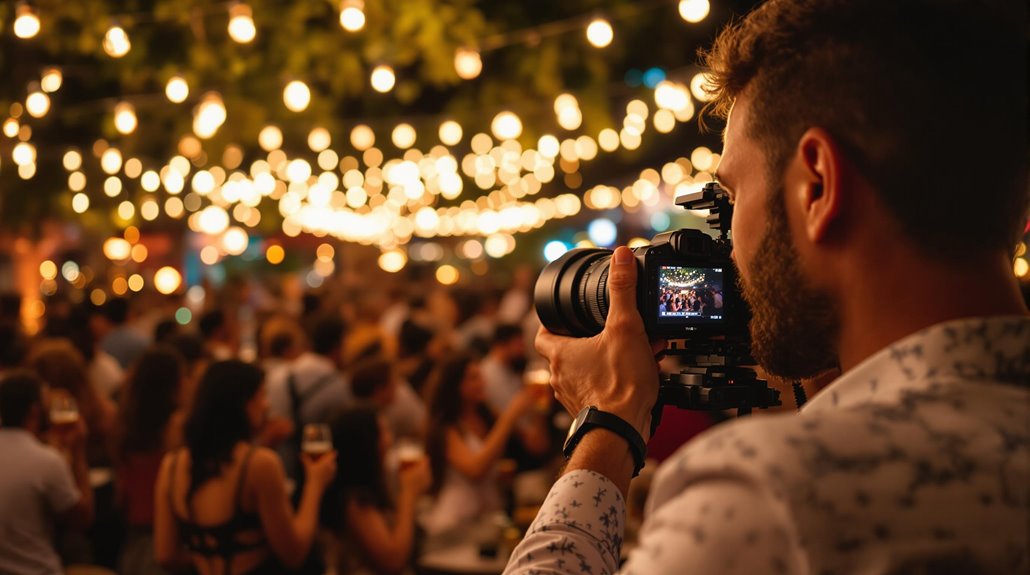 An event photographer captures moments at an outdoor evening gathering. Warm string lights hang above a lively crowd, creating a festive atmosphere perfect for memorable photos.
