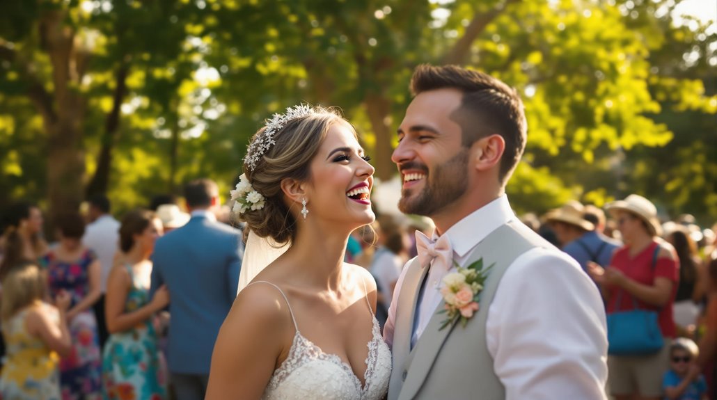 A bride and groom smile joyfully at each other outdoors, surrounded by guests in colorful attire. Sunlight filters through green trees, capturing unforgettable moments in a warm, festive atmosphere.
