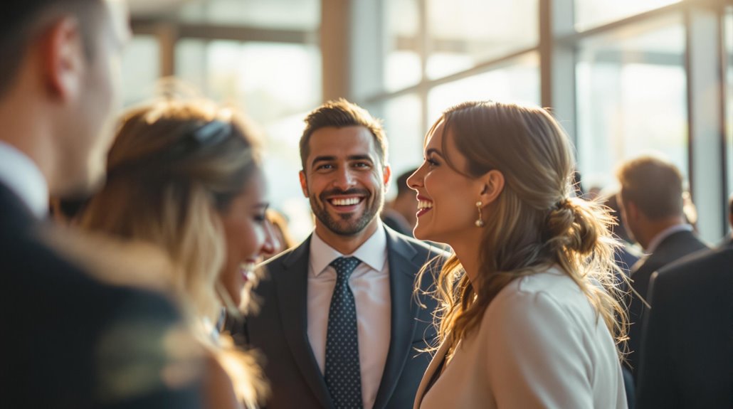 A group of well-dressed people at a social event share candid moments and lively conversation in a bright, modern space with large windows.