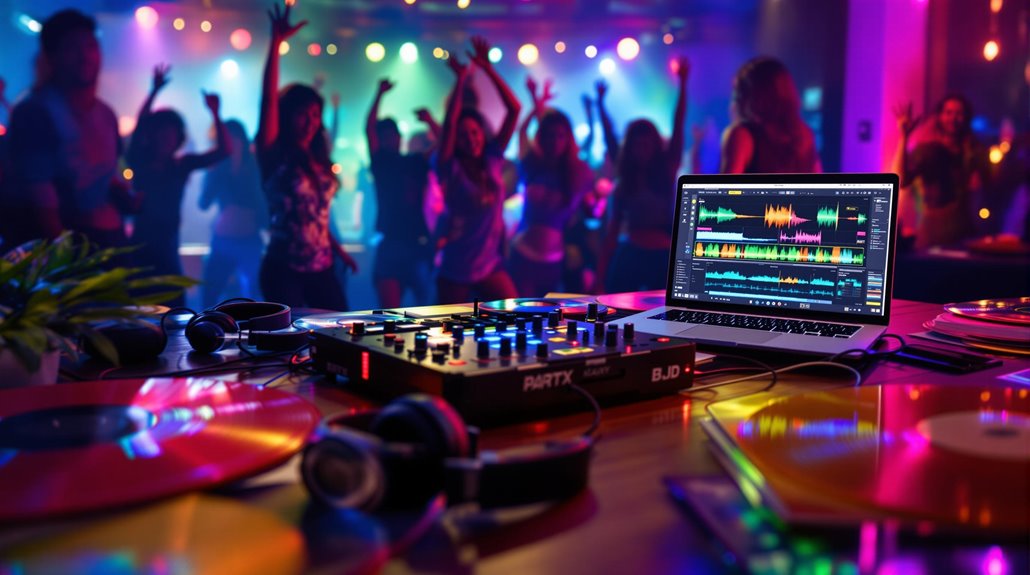 A colorful nightclub scene with people dancing in the background, and a DJ setup in the foreground featuring a laptop displaying a party playlist, headphones, vinyl records, and a mixer with vibrant lights.