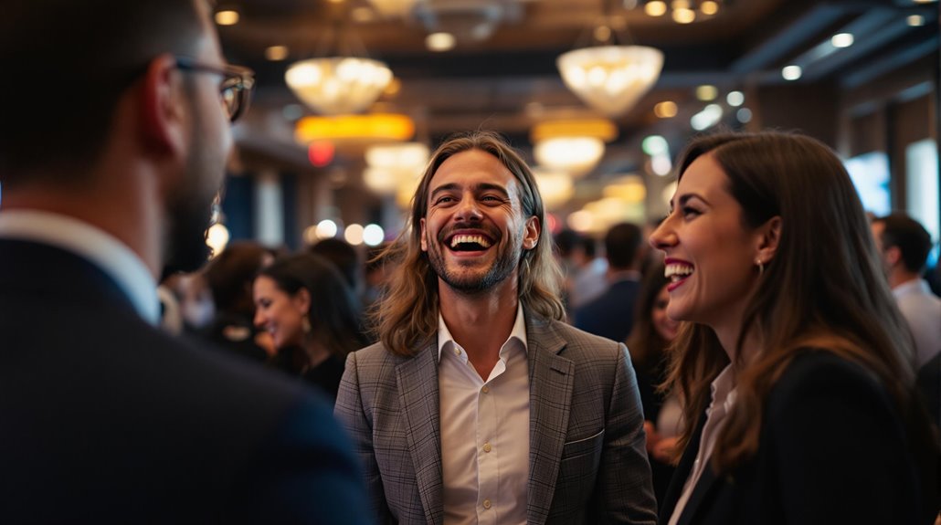 Three people in business attire are smiling and laughing together at a lively indoor networking event, with other attendees and chandeliers visible—capturing candid moments that highlight the vibrancy of corporate events.