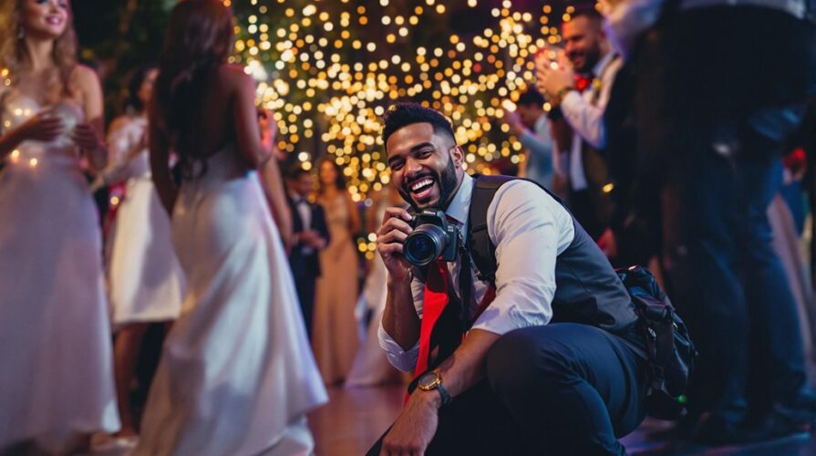 A smiling event photographer kneels with a camera at a lively event, surrounded by people dancing in elegant attire under warm, festive string lights—a true glimpse into the day in the life of event photography.