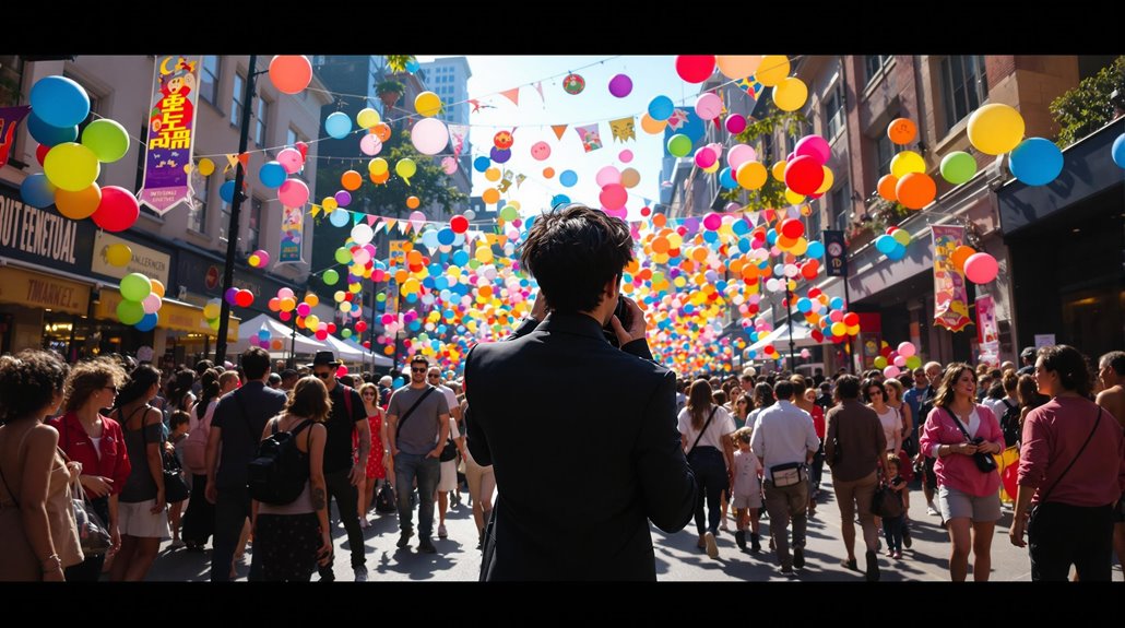 A person stands in the middle of a lively street festival, surrounded by a crowd and colorful balloons hanging overhead. Bright banners and decorations fill the festive urban scene, as an event photographer captures the vibrant moments behind the lens.