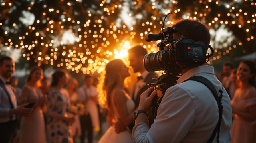 A videographer captures a bride and groom dancing under string lights at an outdoor wedding, surrounded by guests. Warm sunset light adds a romantic glow, making this event videography moment a source of lasting memories.