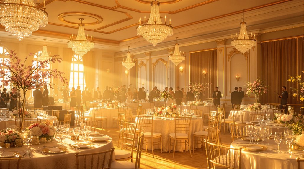 A grand ballroom bathed in warm sunlight, with elegant chandeliers, round tables decorated with flowers, gold chairs, and guests mingling in formal attire creates a memorable atmosphere perfect for charity events.