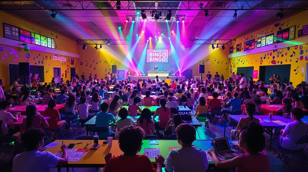 A large, colorful room filled with people seated at tables, playing music bingo. Bright stage lights shine on a DJ and a big screen that reads “BINGO BINGO,” creating a lively atmosphere perfect for school events or younger audiences.