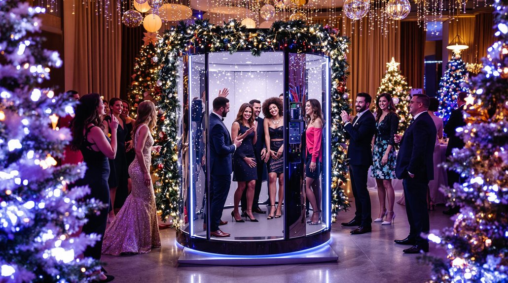 A group of people in formal attire pose and celebrate inside a photo booth at a festive Company Holiday Celebration, surrounded by decorated Christmas trees, twinkling lights, and onlookers cheering and smiling.