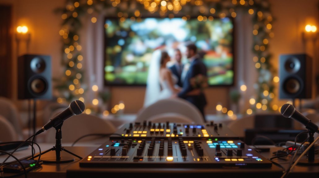 A sound mixing board with microphones is set up in the foreground, highlighting the importance of wedding day audio, while a bride and groom stand together in soft focus in the warmly lit, decorated background at a wedding venue.