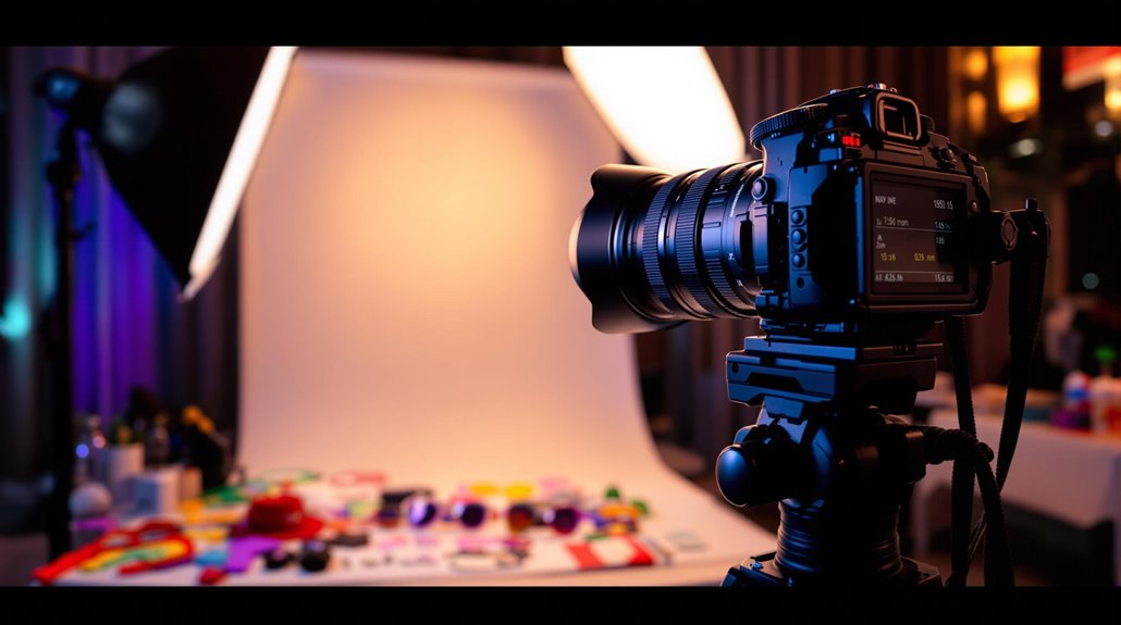 A digital camera on a tripod faces a brightly lit photo booth setup with a white backdrop and assorted colorful props scattered in the foreground. Two studio lights illuminate the scene.