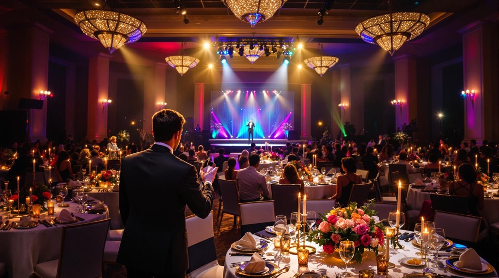 A formal gala with elegantly set tables, candles, and floral centerpieces. Guests in formal attire enjoy professional entertainment on a brightly lit stage in a grand ballroom with chandeliers, enhancing the event’s fundraiser success.