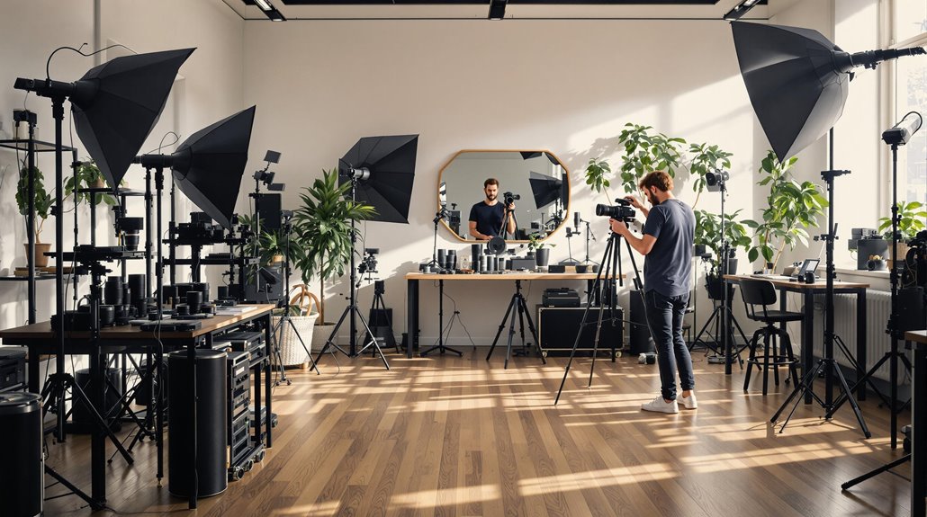 A photographer prepares for event photos, adjusting a camera on a tripod in a bright studio filled with large windows, lights, plants, and equipment. A man stands at a table, reflected in a round mirror on the back wall.