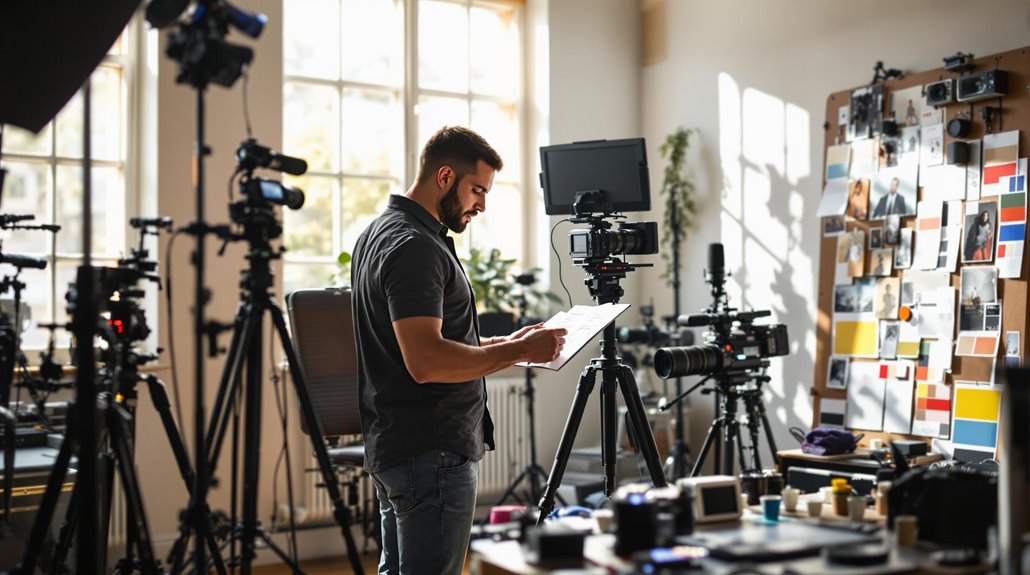A man stands in a studio filled with cameras and filming equipment, reviewing papers on a clipboard as he prepares for an event videography session. Sunlight streams through large windows, and a pinboard with photos and colored cards is visible in the background.