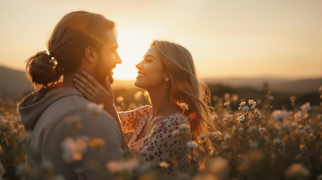 A smiling couple stands close together in a sunlit field of wildflowers at sunset, gazing lovingly into each other’s eyes. The warm light and natural setting make for successful engagement photos with a romantic and peaceful atmosphere.