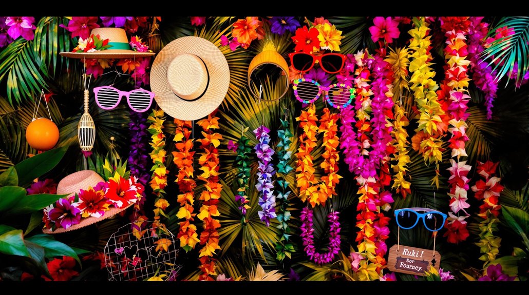A colorful tropical display with hats, sunglasses, and leis in bright colors serves as festive photo booth props against green palm leaves and vibrant flowers, perfect to customize for any event theme and capture the summery vibe.