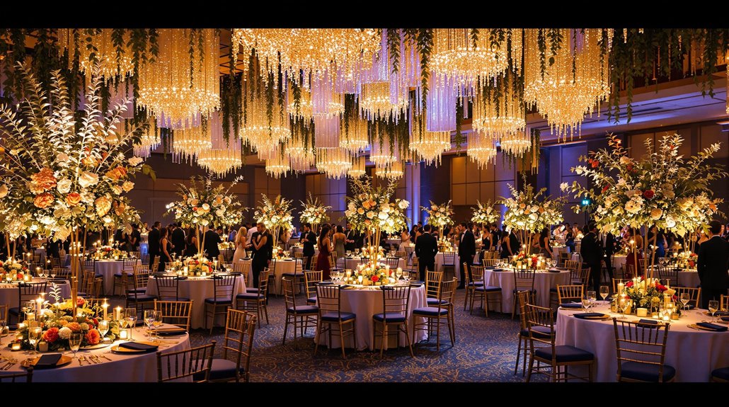 Elegant ballroom decorated for a formal charity event with round tables, floral centerpieces, gold chairs, and grand chandeliers, while well-dressed guests mingle under warm lighting, creating a truly memorable atmosphere.
