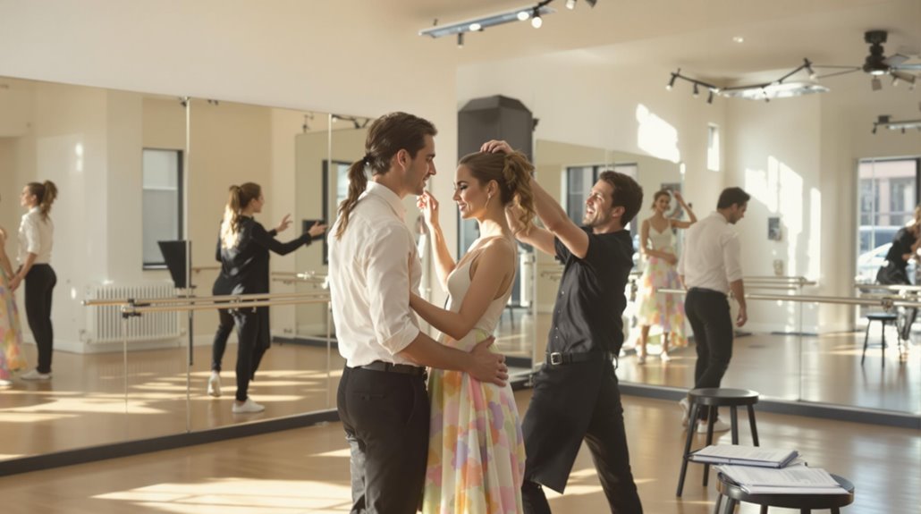 A dance instructor guides a couple practicing their surprise wedding dance in a bright studio with mirrors and wooden floors. The couple faces each other, holding hands, while the instructor gestures to help them.