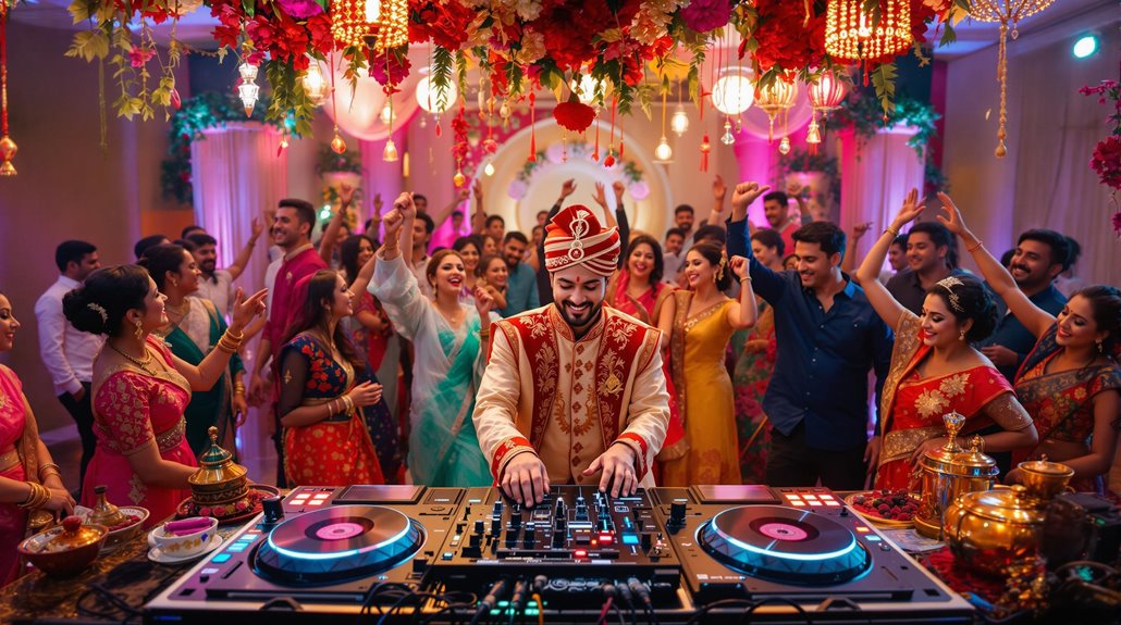 A smiling DJ in traditional Indian attire curates a vibrant wedding DJ playlist at a lively wedding party. Guests in colorful outfits dance joyfully under festive lights, celebrating cultural wedding traditions in an energetic, joyful atmosphere.
