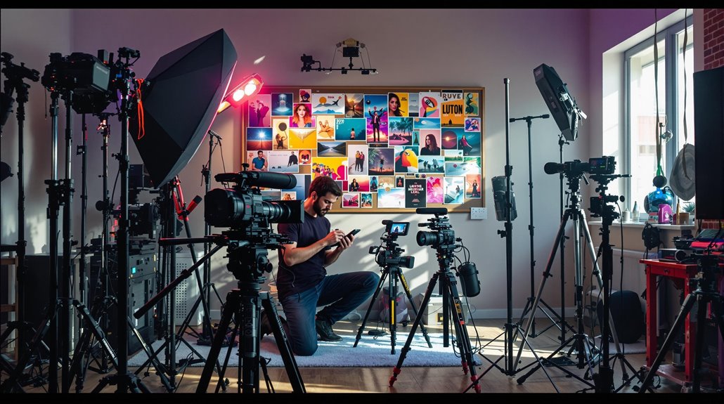 A man kneels among professional cameras and lighting equipment in a studio, adjusting a camera to prepare for an event videography session. Behind him, colorful photo prints cover the wall as sunlight streams in through a window on the right.