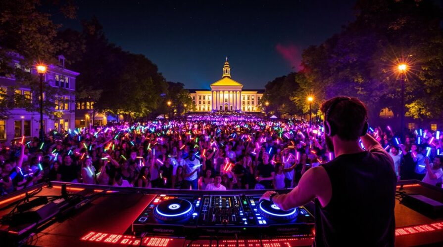 A DJ performs on stage at night, energizing a large crowd holding colorful glowing sticks during a campus event entertainment, with a lit historic building and trees in the background under a clear, starry sky.